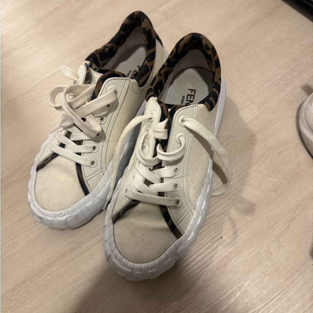 Fendi Beige and White Canvas Sneakers